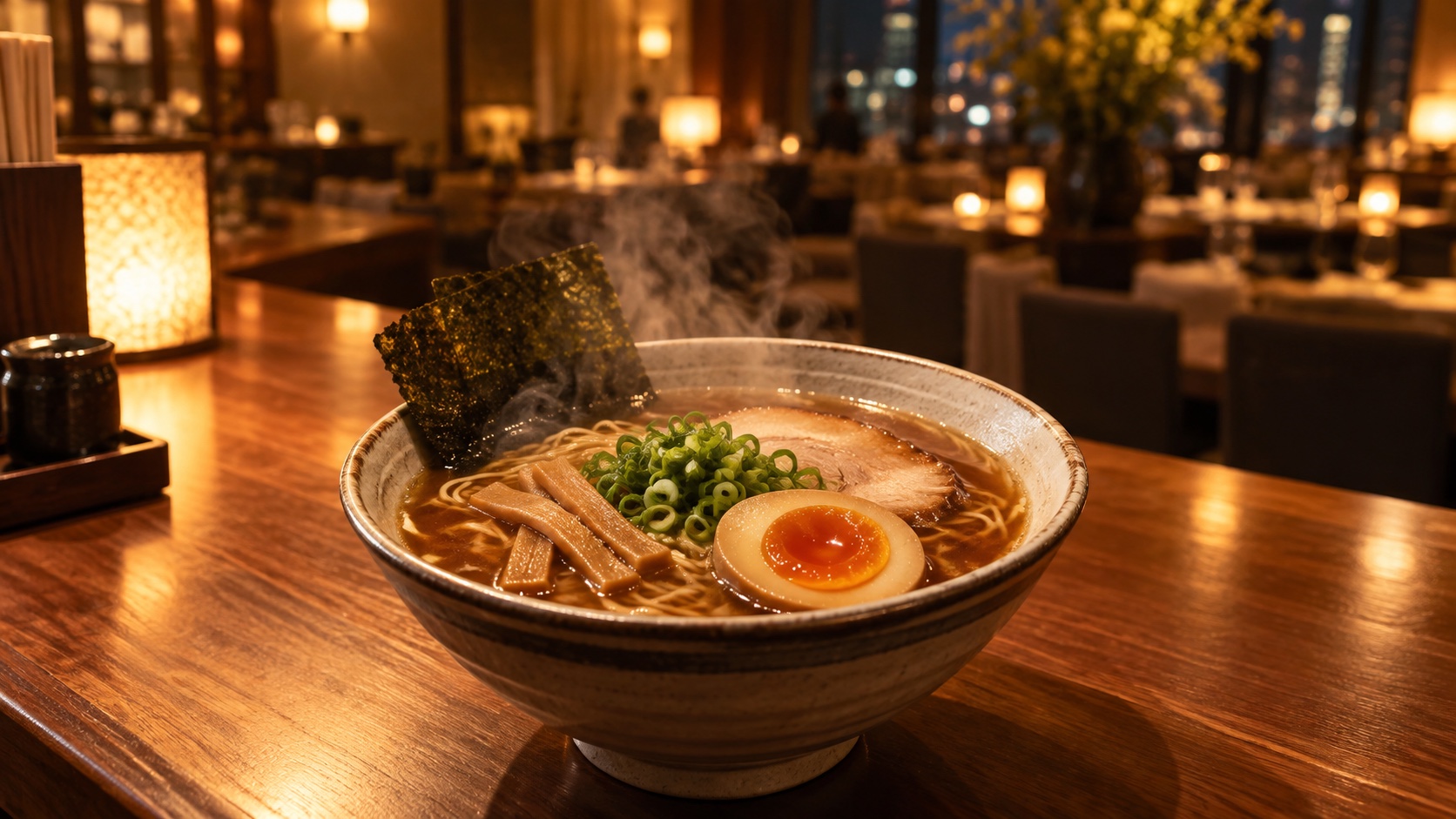 ホテルのレストランカウンターに並ぶ小ぶりの醤油ラーメン。メンマ、ネギ、海苔、半分に切った煮卵がのっている