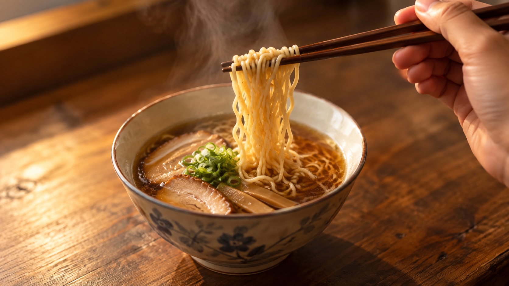 ラーメンのどんぶりを前に首をかしげる様子を手元だけで表現。箸で麺を持ち上げている