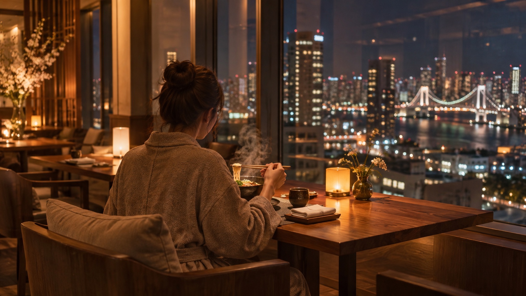 ホテルのレストランで夜食のラーメンを食べる人の後ろ姿。窓の外は夜景、湯気が立つどんぶり