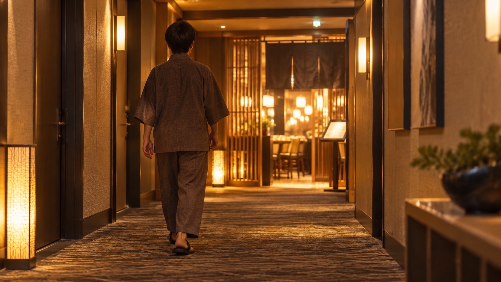 夜のホテルの廊下を部屋着で歩き、レストランに向かう人の後ろ姿。暖色の照明