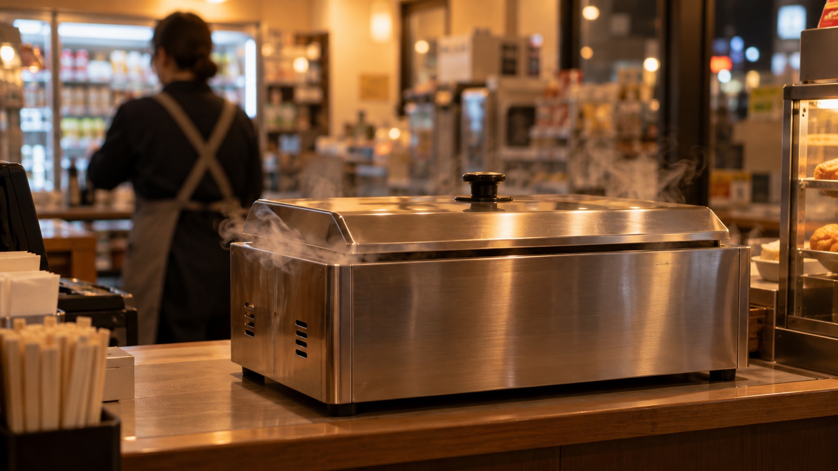 コンビニのカウンターに置かれた蓋付きのおでん什器と、おでんコーナーが無い別の店のレジ横を見比べるイメージ