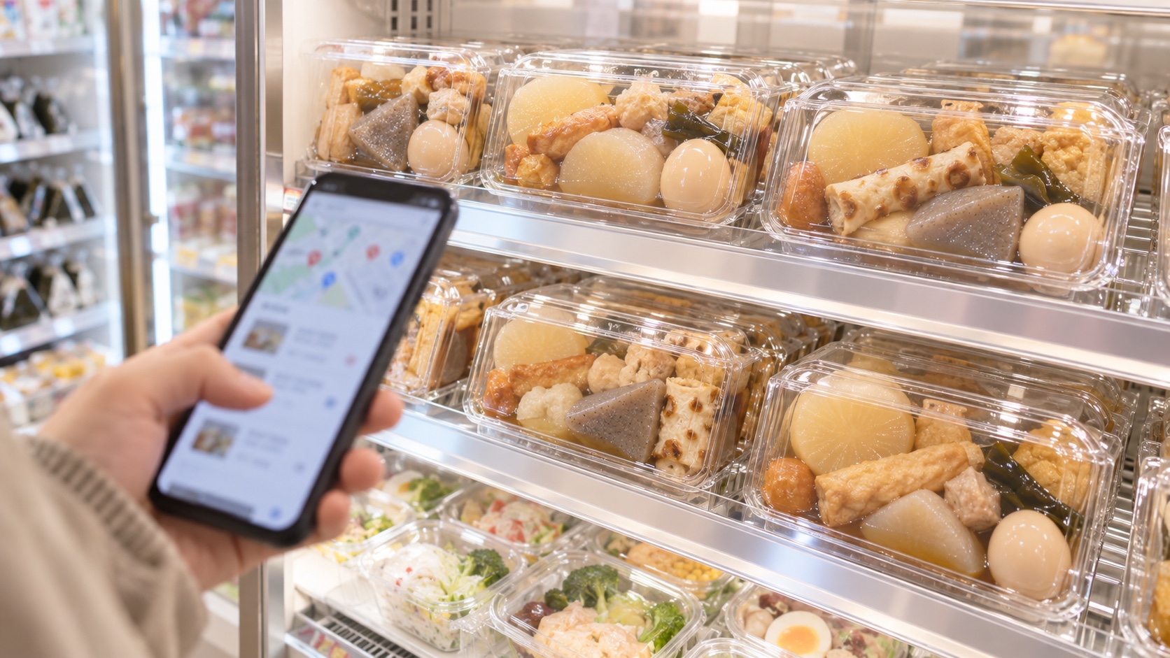 コンビニの冷蔵ケースに並ぶパック入りのおでんと、スマートフォンで店舗を探す手元