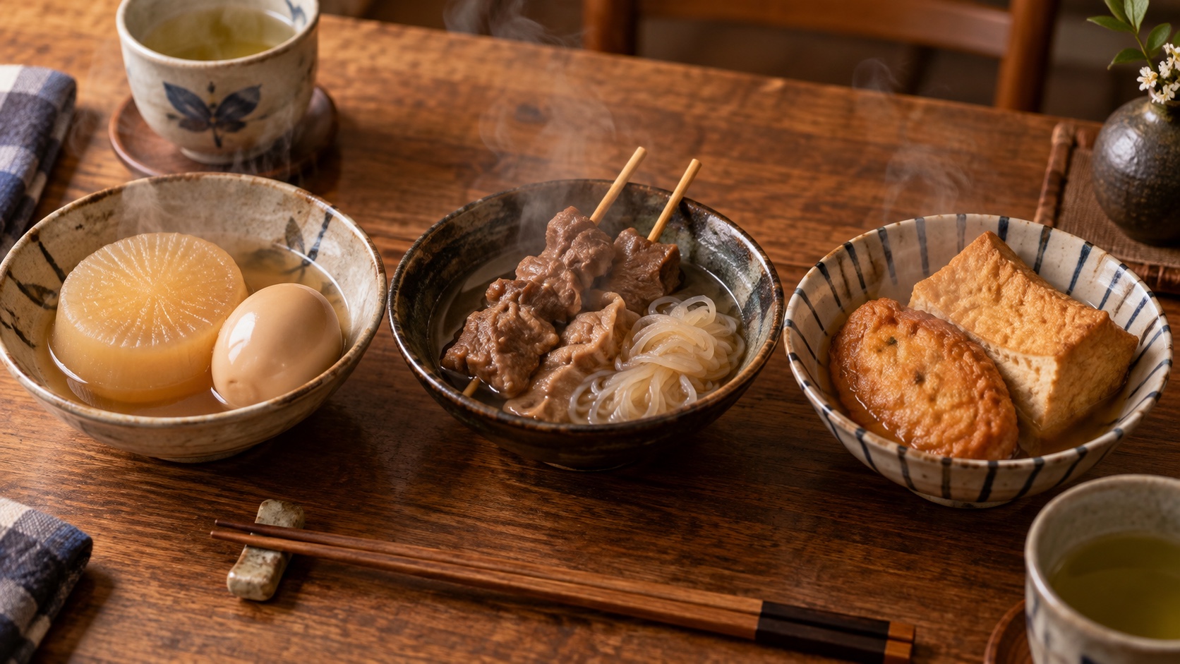 3種類のコンビニのおでんを食卓で食べ比べる様子。器に盛ったおでんと箸、湯気