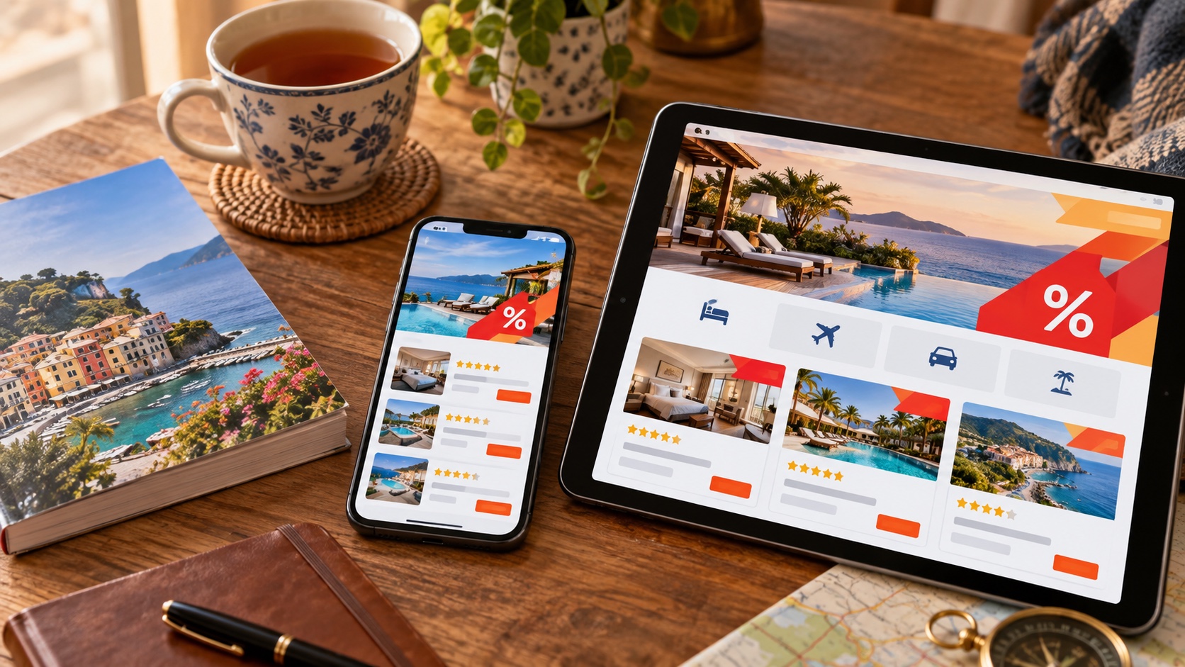 テーブルに置かれたスマートフォンとタブレットに複数の旅行予約サイトのセール画面が映っている様子