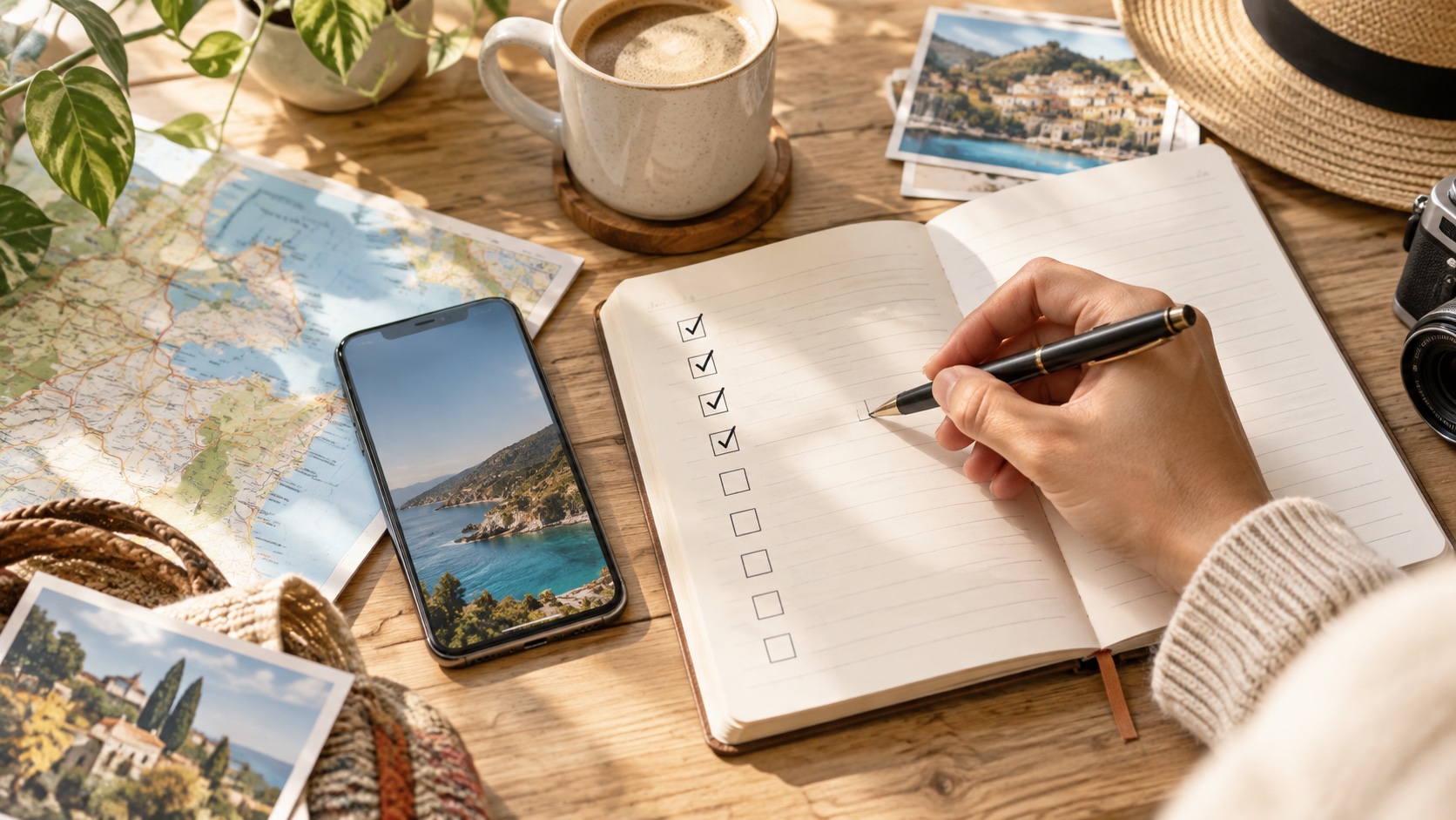 旅行の計画を立てるノートとペン、スマートフォン。チェックリストに印を付けている手元